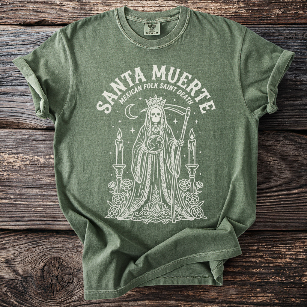 Green t-shirt with Santa Muerte Mexican Folk Saint Death design.