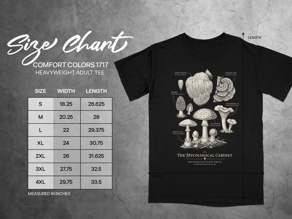 Comfort Colors 1717 heavyweight tee size chart with mushroom illustrations.