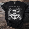 Black t-shirt with "annual crow census" and crows counting scene.