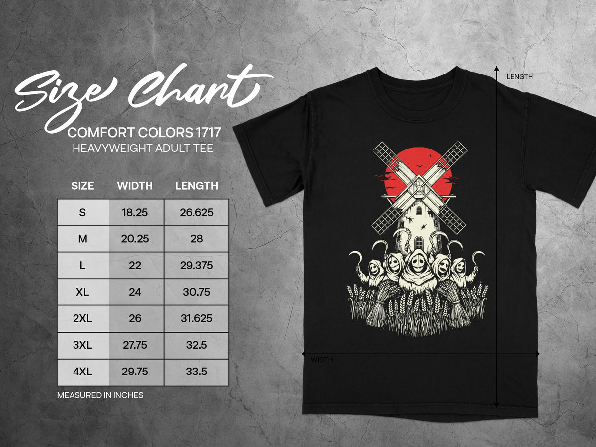 Comfort Colors 1717 heavyweight adult tee size chart with width and length measurements in inches.
