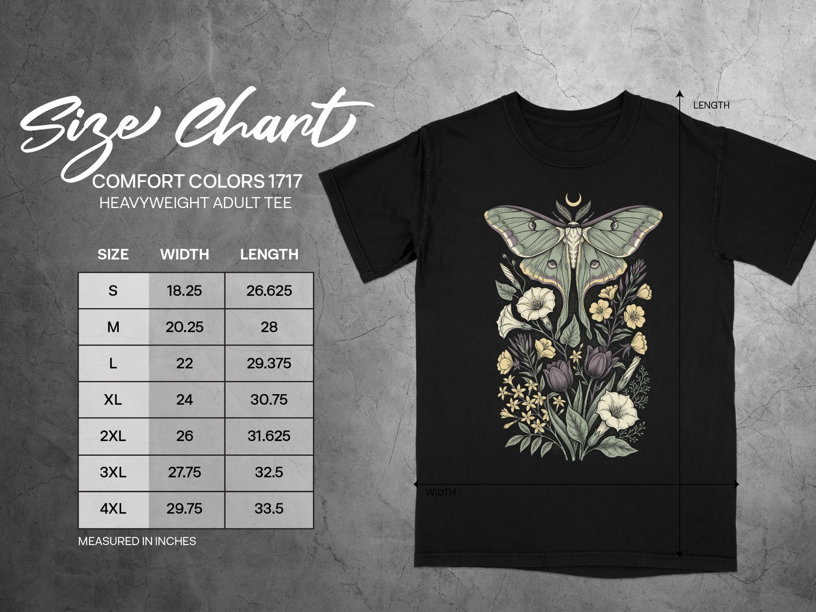 Comfort Colors 1717 heavyweight adult tee size chart with moth floral graphic.