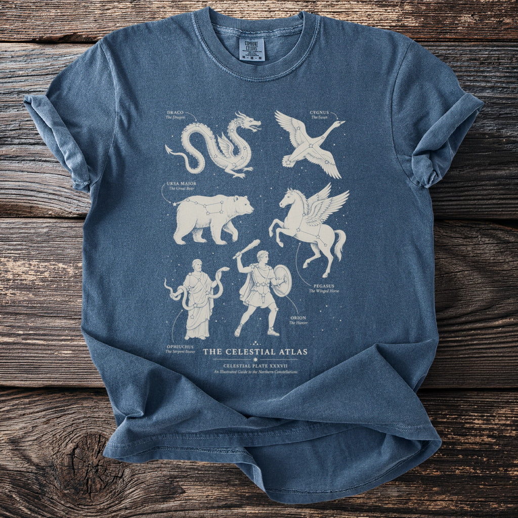 Blue t-shirt with celestial atlas illustration of constellations: Draco, Cygnus, Ursa Major, Pegasus, Orion, Ophiuchus.