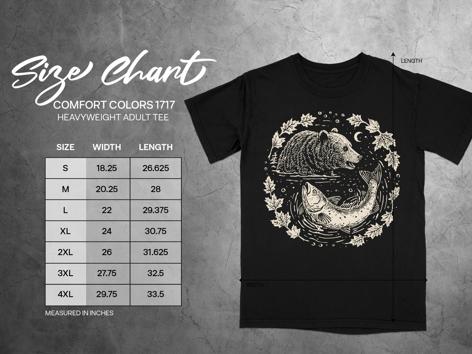 Comfort Colors 1717 heavyweight adult tee size chart with width and length measurements.