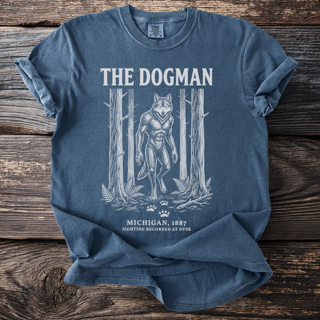 Blue t-shirt with "The Dogman" graphic: Michigan, 1887 sighting recorded at dusk.