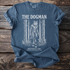Blue t-shirt with "The Dogman" graphic: Michigan, 1887 sighting recorded at dusk.