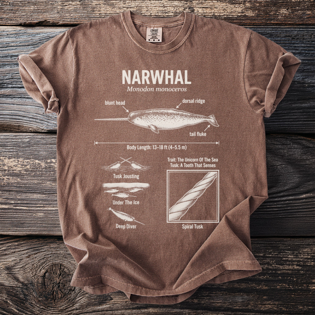 Brown t-shirt with diagram of a narwhal and its features, including scientific name and measurements.