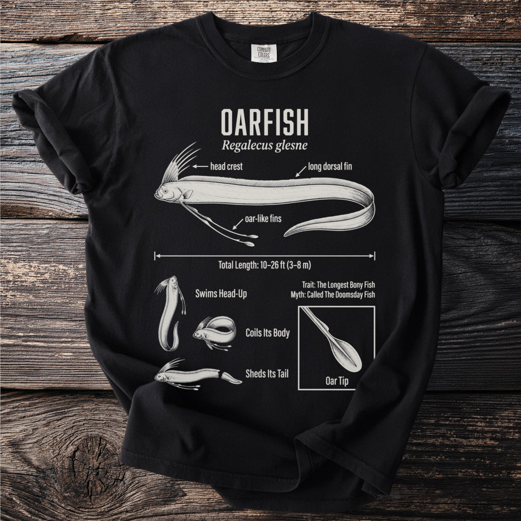 Black t-shirt with oarfish, its scientific name, and anatomical features.