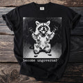 Black t-shirt with a graphic of a raccoon and text that reads "become ungovernable".