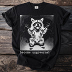 Black t-shirt with a graphic of a raccoon and text that reads "become ungovernable".