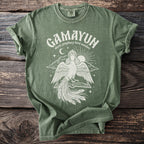 Green t-shirt with "Gamayun slavic prophecy bird maiden" text and illustration.
