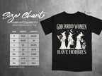 Comfort Colors 1717 heavyweight tee size chart with gothic graphic of witches.