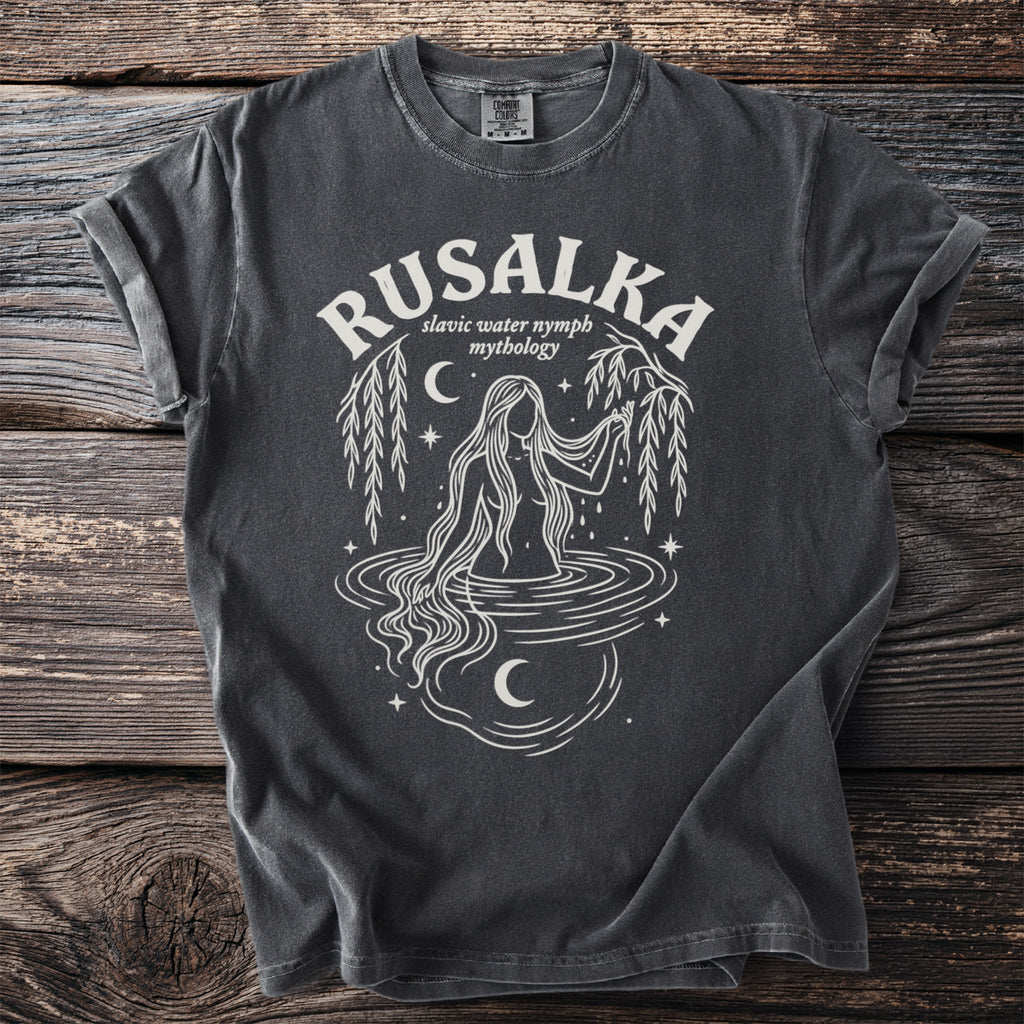 Rusalka t-shirt with slavic water nymph mythology graphic and moon elements.