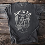 Rusalka t-shirt with slavic water nymph mythology graphic and moon elements.