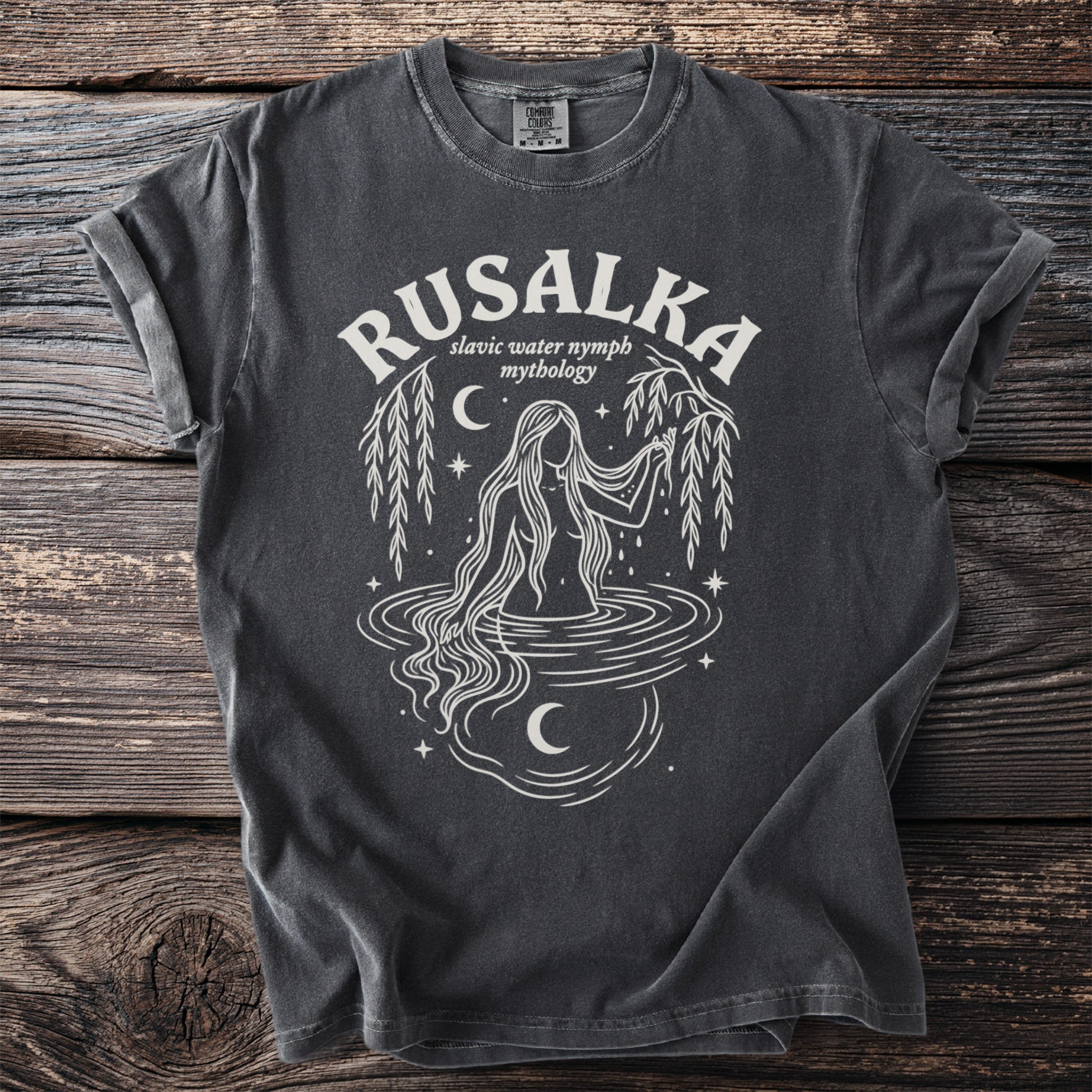 Rusalka t-shirt with slavic water nymph mythology graphic and moon elements.