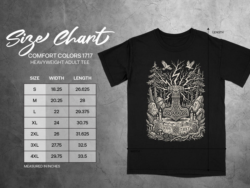 Comfort Colors 1717 heavyweight adult tee size chart in inches.