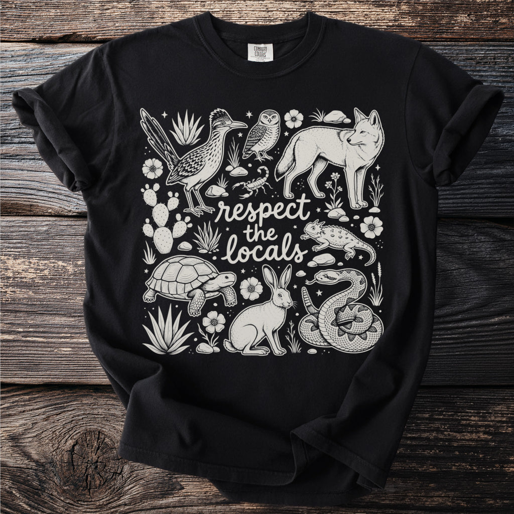 Black t-shirt with desert animals and the text "respect the locals".