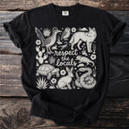 Black t-shirt with desert animals and the text "respect the locals".