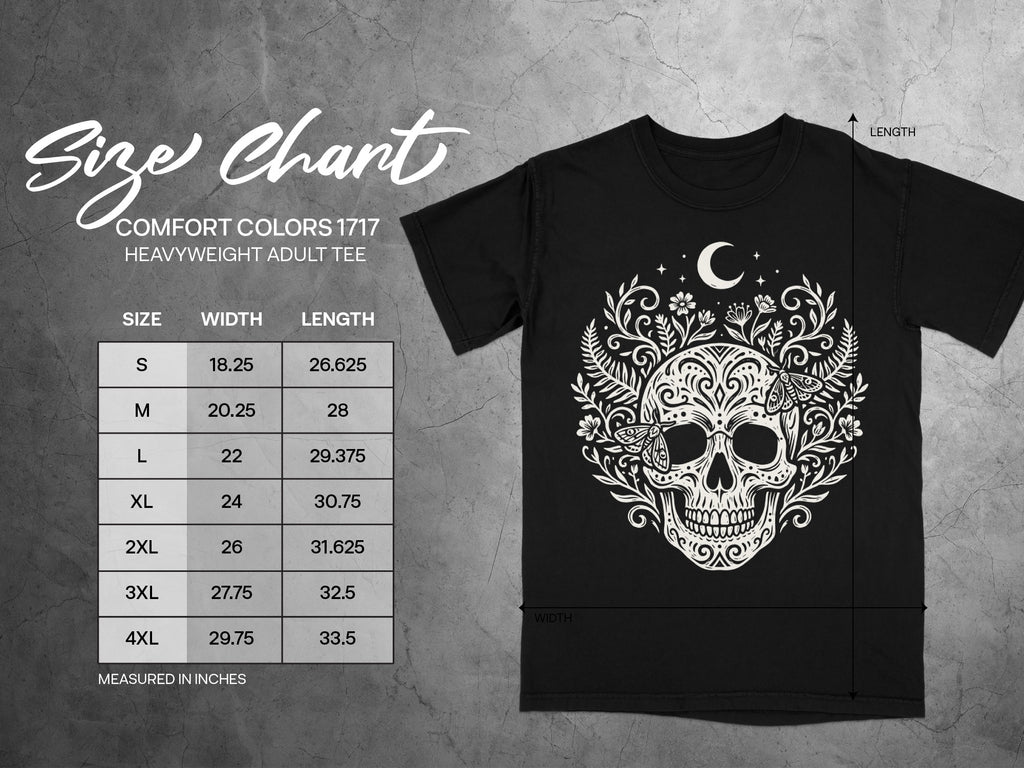 Comfort Colors 1717 size chart with skull graphic on black t-shirt.