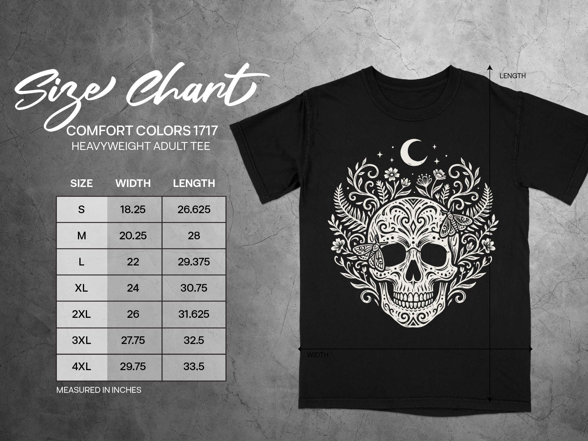 Comfort Colors 1717 size chart with skull graphic on black t-shirt.