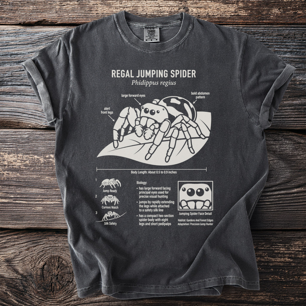 Regal Jumping Spider Phidippus regius diagram on a charcoal t-shirt.