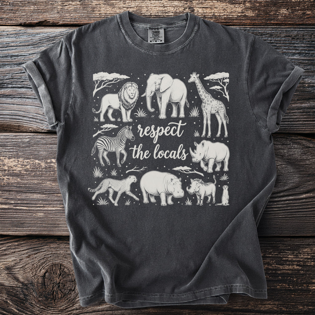 Gray t-shirt with African animals and the text "respect the locals".