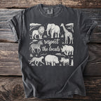 Gray t-shirt with African animals and the text "respect the locals".
