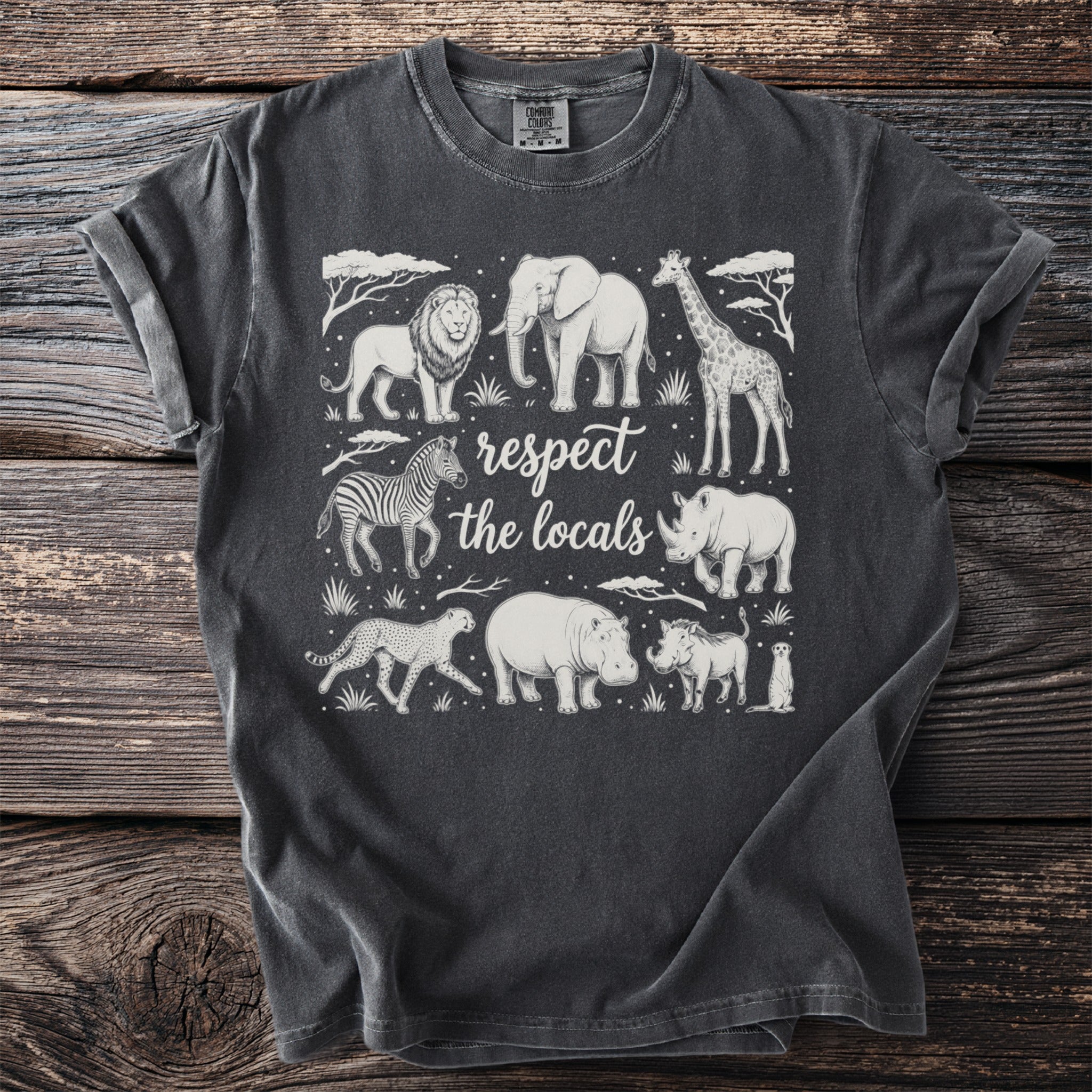 Gray t-shirt with African animals and the text "respect the locals".