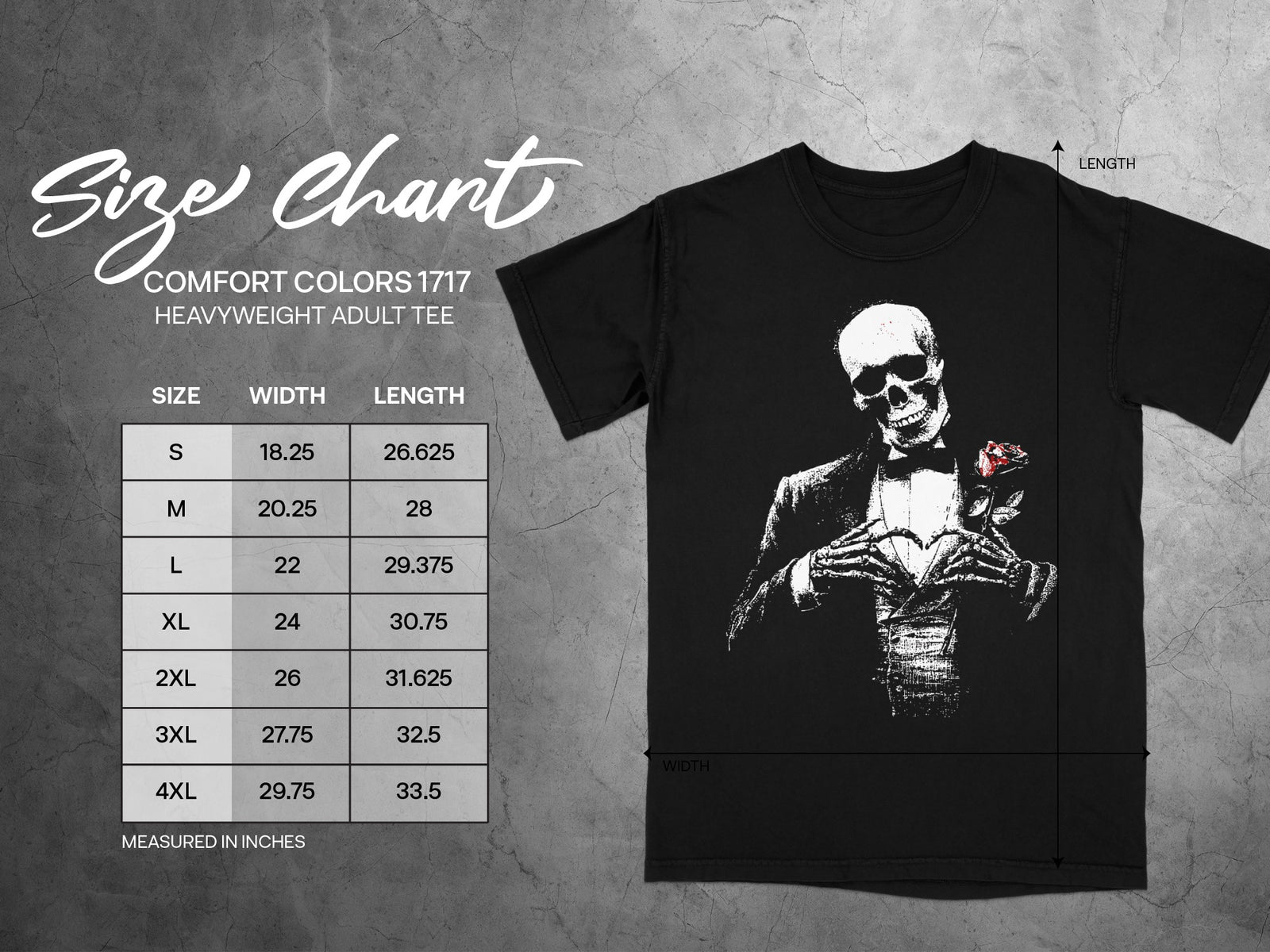Comfort Colors 1717 heavyweight adult tee size chart with width and length measurements.