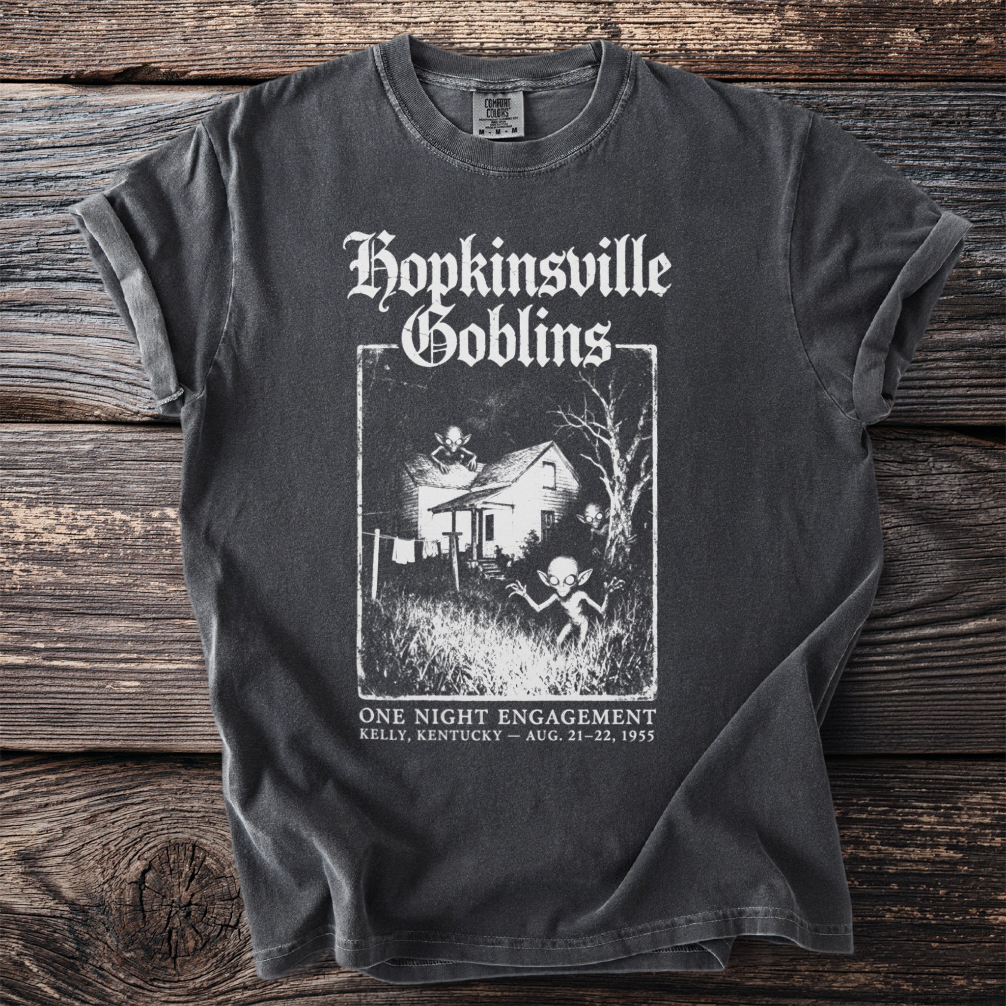 Hopkinsville Goblins graphic tee with text "One Night Engagement Kelly, Kentucky Aug. 21-22, 1955".