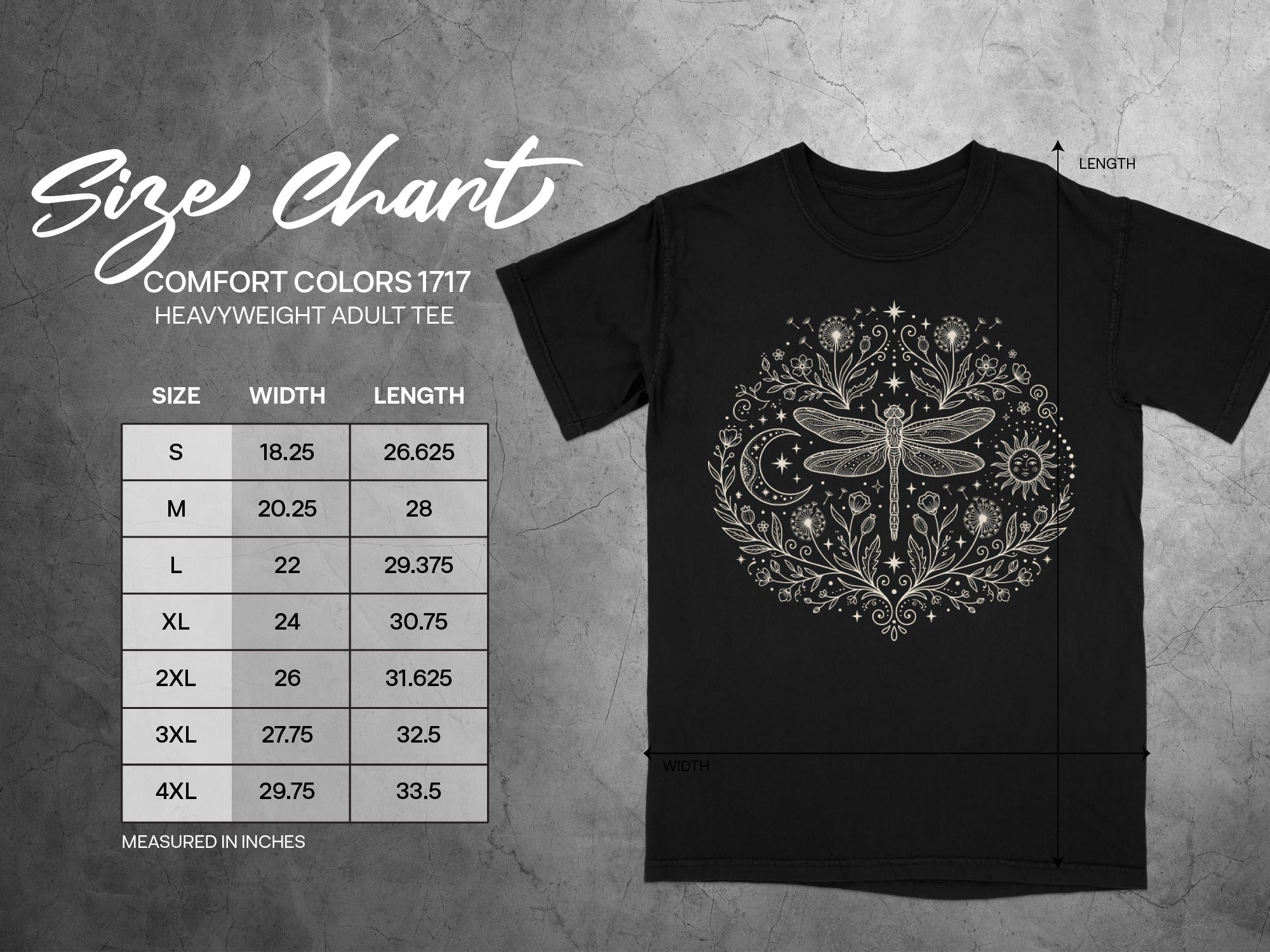 Comfort Colors 1717 adult tee size chart with width and length measurements in inches.