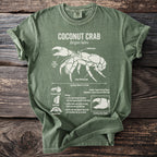 Green t-shirt with white coconut crab illustration and biological details.