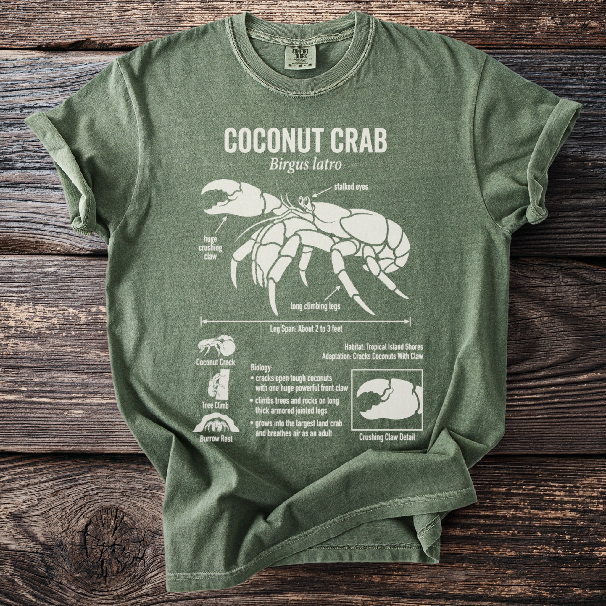 Green t-shirt with white coconut crab illustration and biological details.