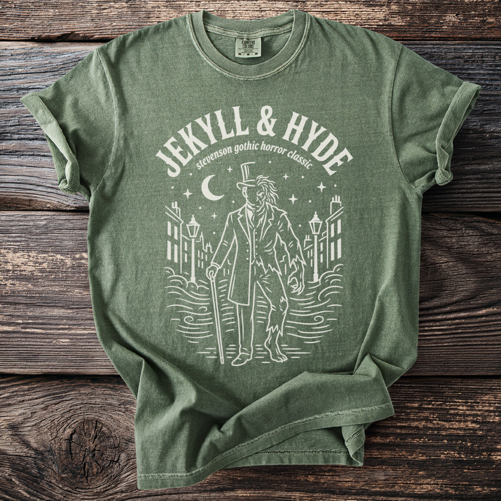 Green t-shirt with "Jekyll & Hyde" and gothic horror artwork.