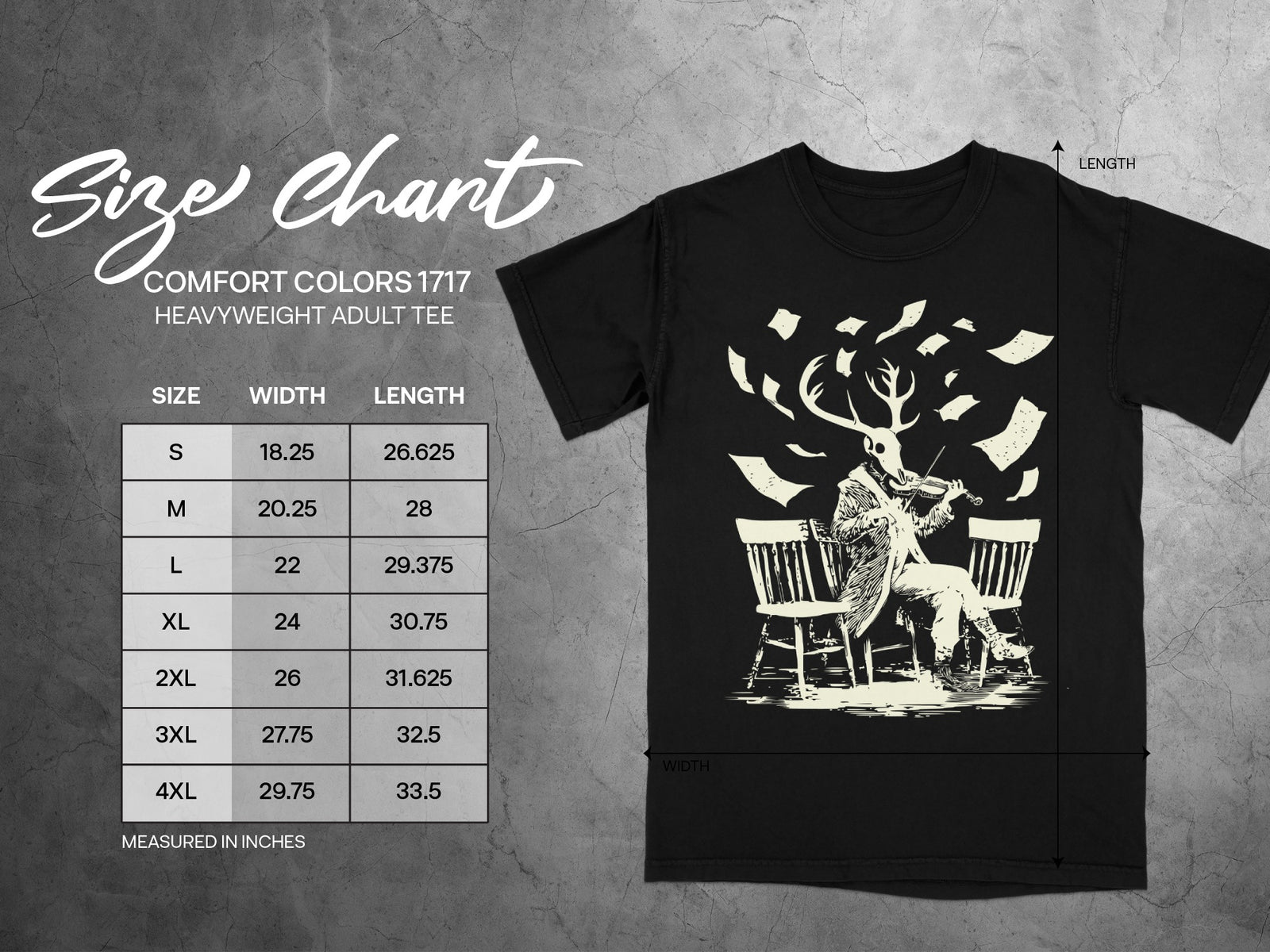 Comfort Colors 1717 heavyweight adult tee size chart with deer playing violin graphic.