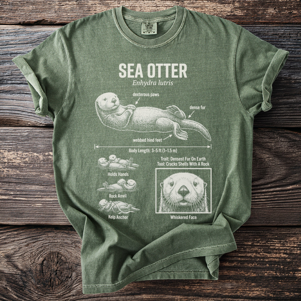 Green t-shirt with scientific illustration of a sea otter and its characteristics.