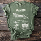 Green t-shirt with scientific illustration of a sea otter and its characteristics.