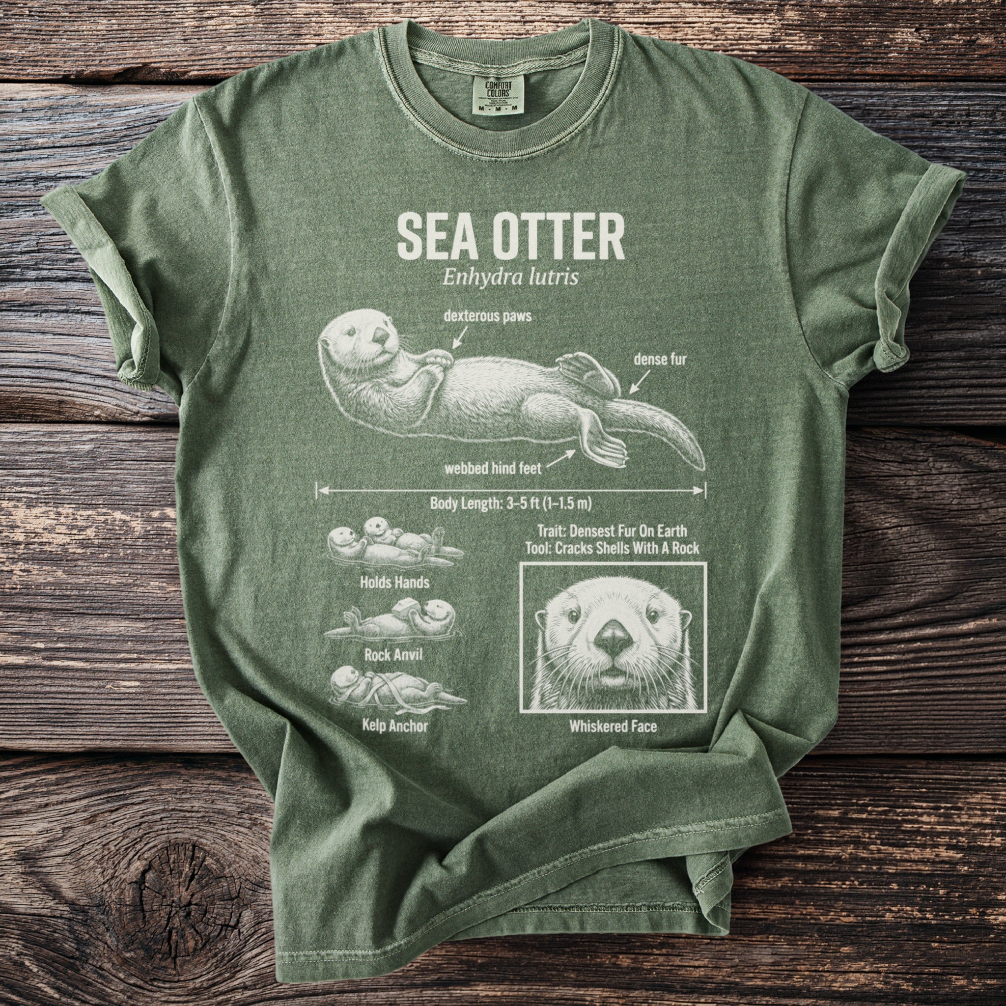 Green t-shirt with scientific illustration of a sea otter and its characteristics.