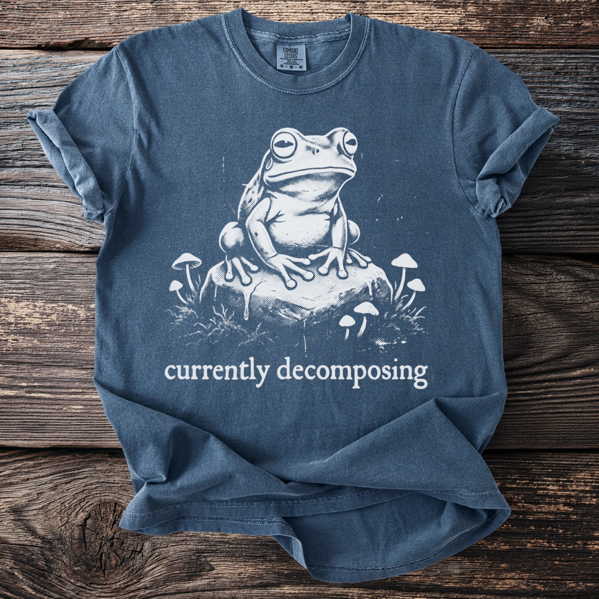 Blue t-shirt with a white line drawing of a frog on a rock surrounded by mushrooms and text.