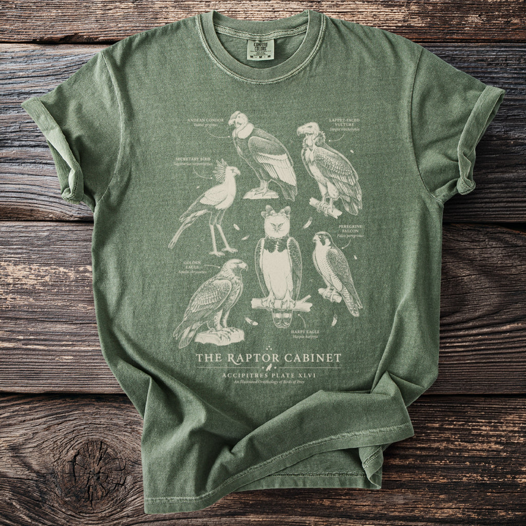 Green t-shirt with line drawings of birds of prey: the raptor cabinet.