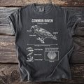 Common Raven scientific illustration with anatomical labels on a charcoal t-shirt.
