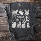 T-shirt featuring line drawings of various cats with the text "respect the locals."