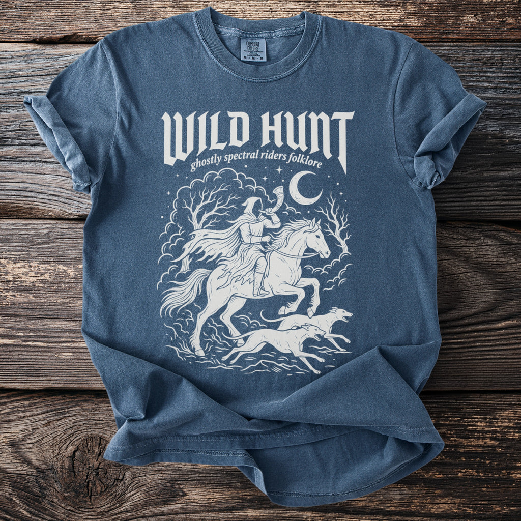 Blue t-shirt with "WILD HUNT" text and a spectral rider on horseback with dogs.
