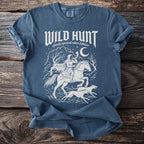 Blue t-shirt with "WILD HUNT" text and a spectral rider on horseback with dogs.