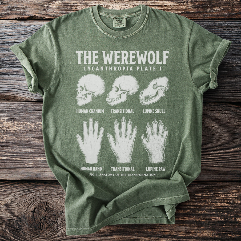 Green t-shirt with "The Werewolf Lycanthropia Plate I" and anatomical diagrams of skulls and paws.