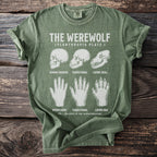 Green t-shirt with "The Werewolf Lycanthropia Plate I" and anatomical diagrams of skulls and paws.