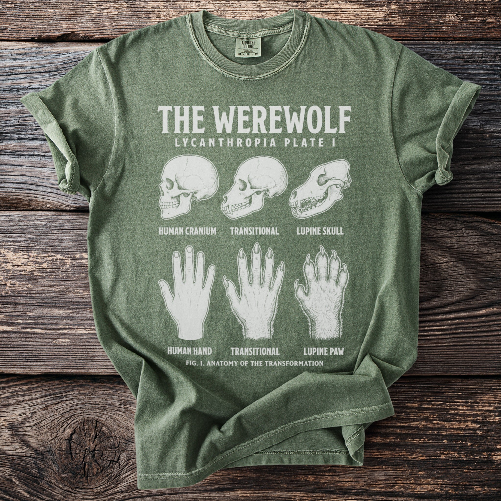 Green t-shirt with "The Werewolf Lycanthropia Plate I" and anatomical diagrams of skulls and paws.