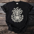 Black t-shirt with a cream-colored graphic of Medusa and snakes.