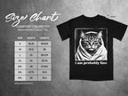 Comfort Colors 1717 heavyweight adult tee size chart with cat graphic and text "i am probably fine."