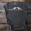 Dark t-shirt with white text "accessory to murder" and two birds.