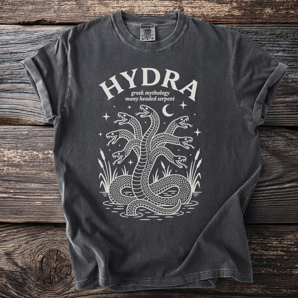 Dark t-shirt with white graphic of a multi-headed serpent, text "HYDRA greek mythology many headed serpent".